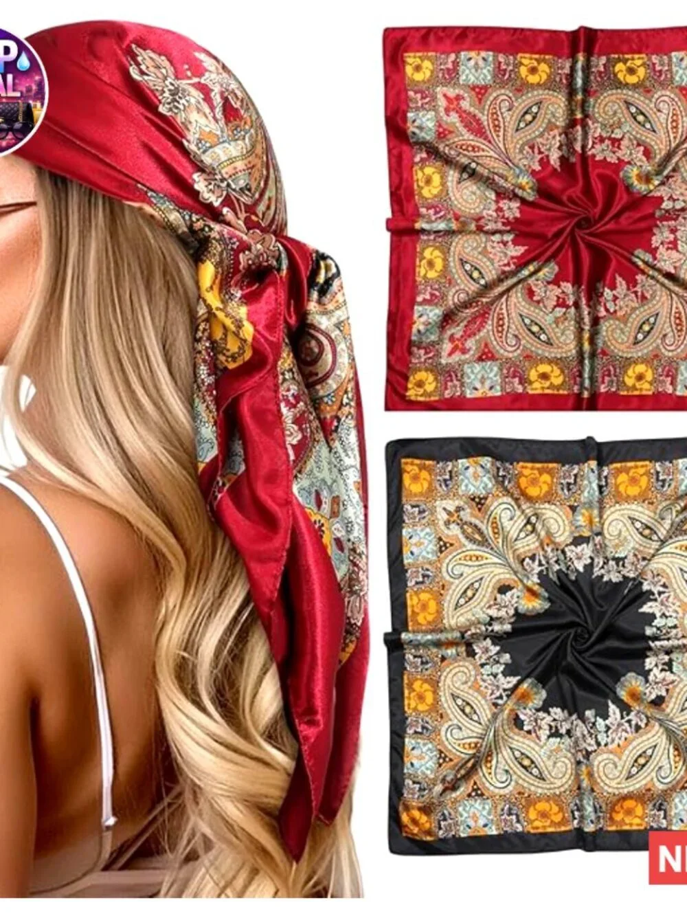 Satin Head Scarf 2Pcs Large Square Silk Like Hair Wrapping Neck Scarf